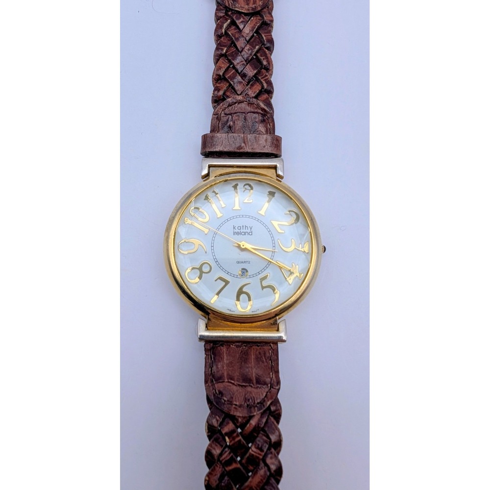 VTG Kathy Ireland GoldTone Brown Braided Leather Band Womens Watch New battery - Picture 3 of 7
